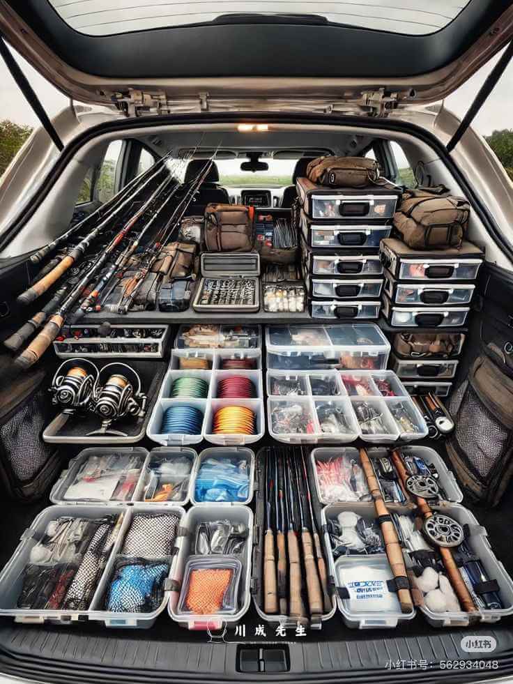 Fishing reels, lures, and tools prepared for a gear workshop